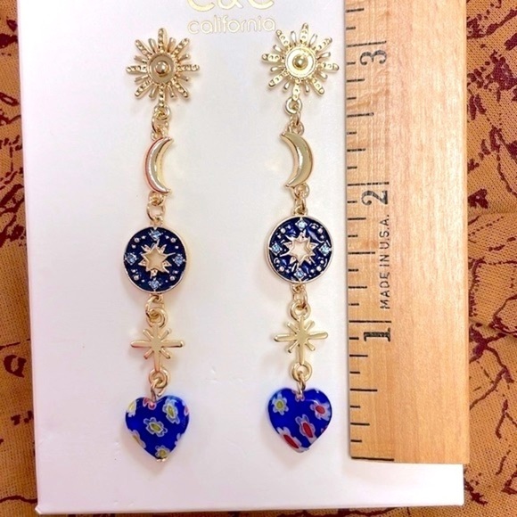 Brand New C&C California Gold Tone Blue Flower Heart Moon Star Drop Earrings - Picture 10 of 14